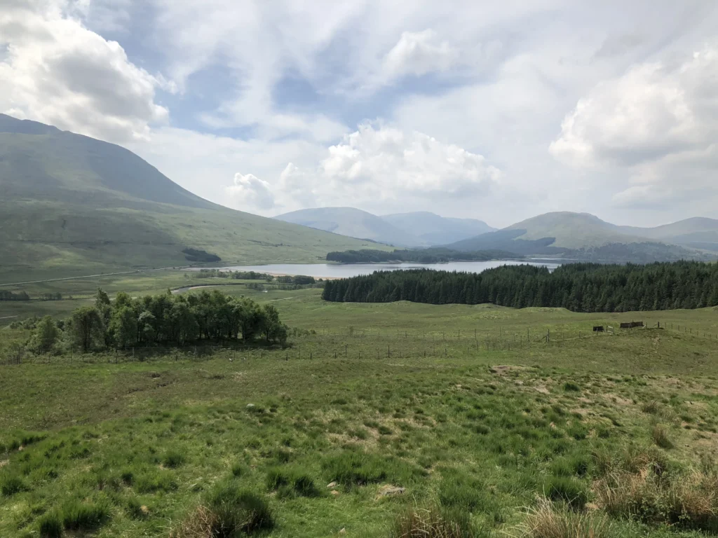 Loch Tulla and the hills of the Black Mount on the road north to Glencoe