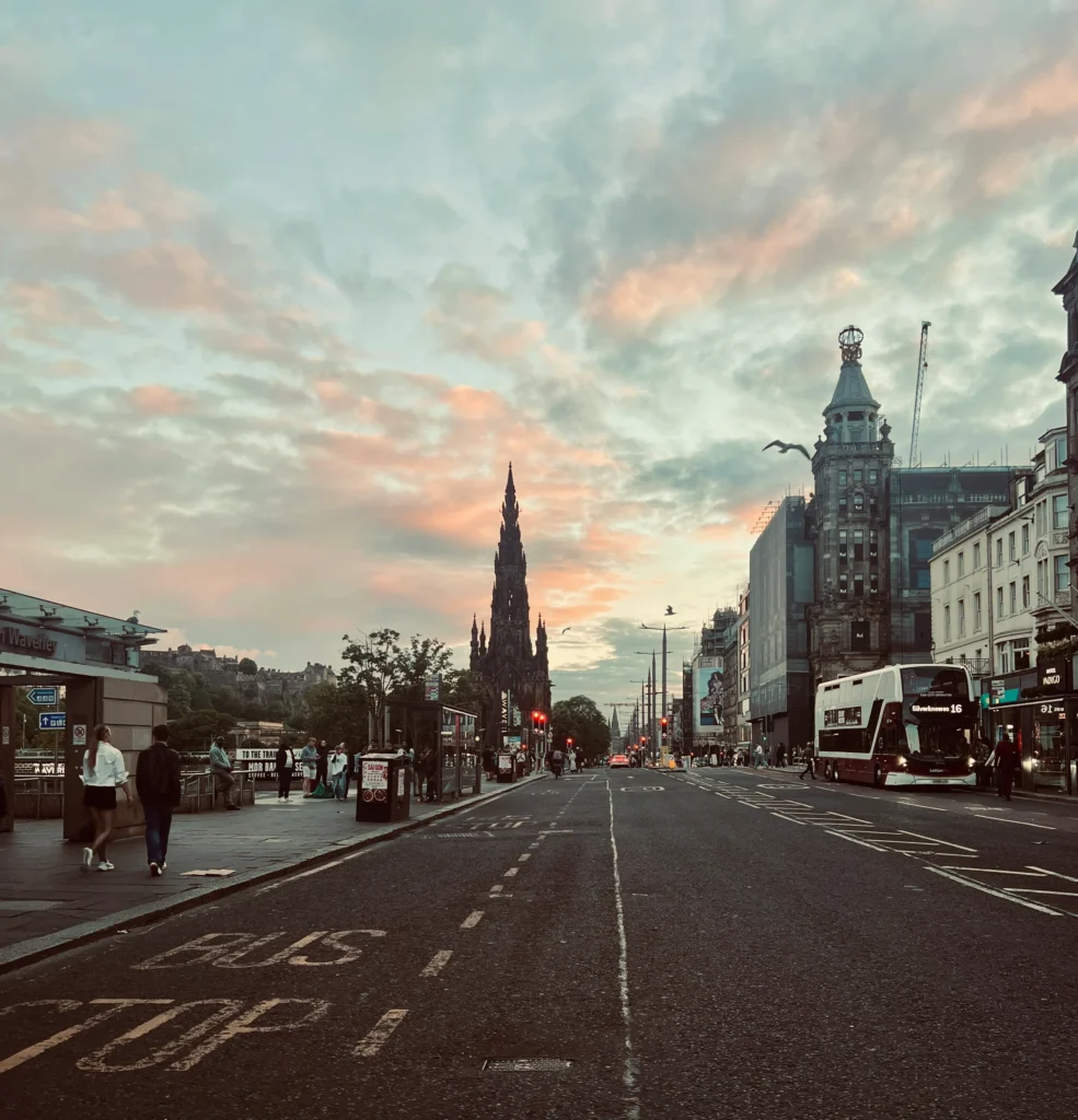 Princes Street and the Scott Monument at sunset in Edinburgh