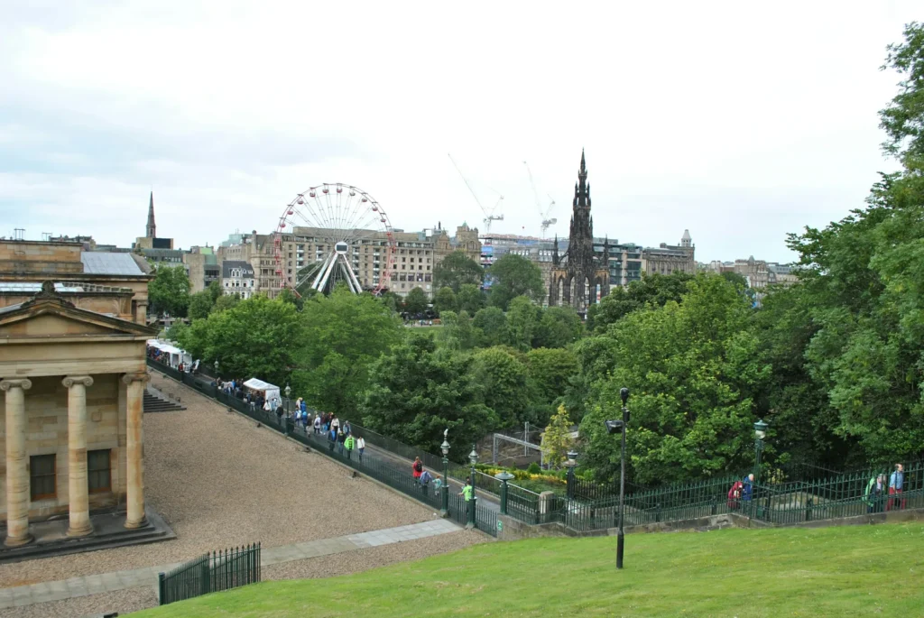 Princes Street Gardens with the Scott Monument and the Old Town skyline in Edinburgh