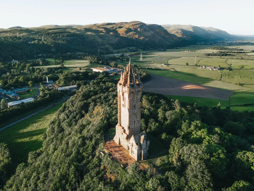 The Wallace Monument tower seen across the Stirling countryside
