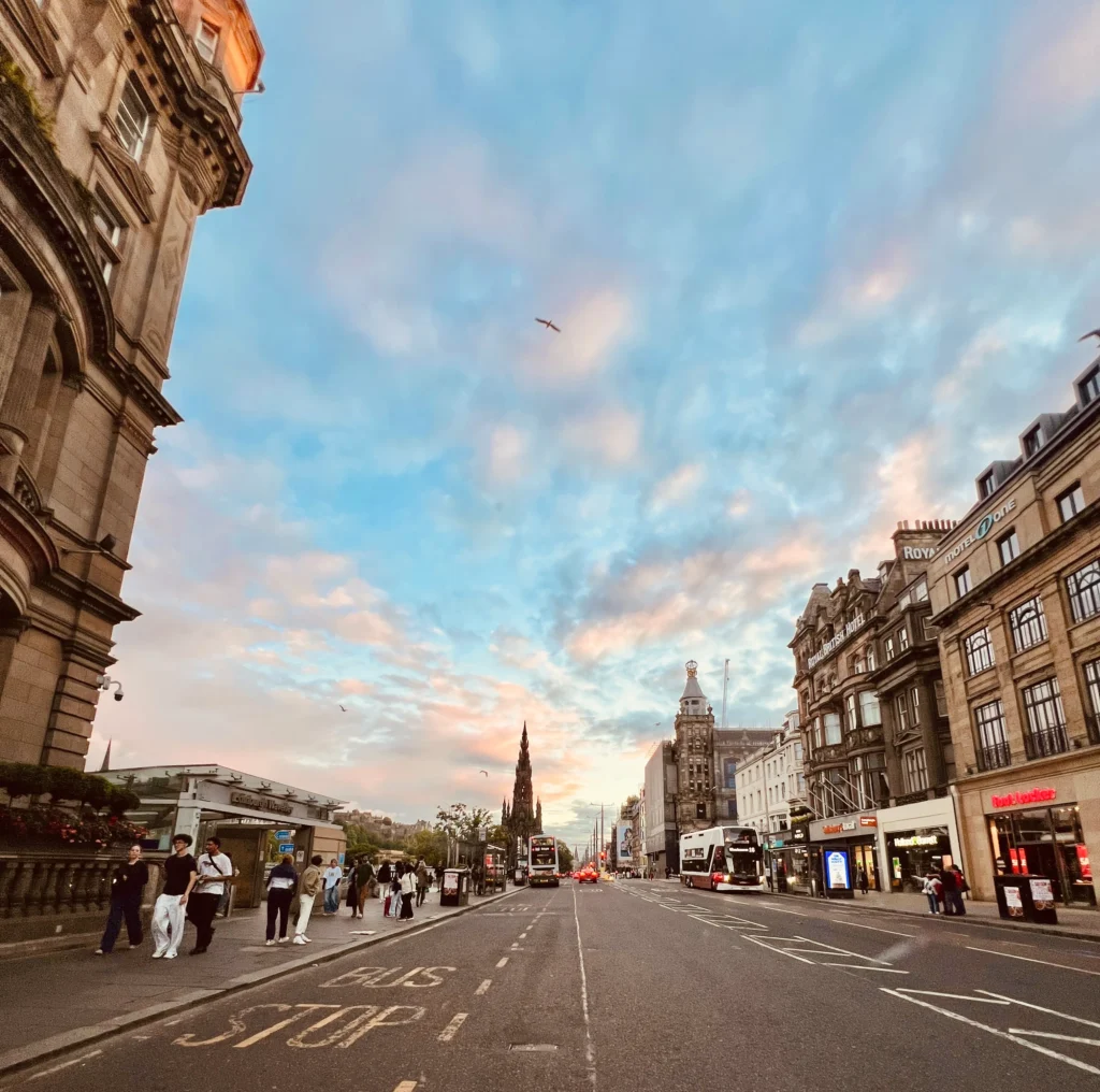 Gothic spire in Edinburgh old town at dusk on a ghost tour
