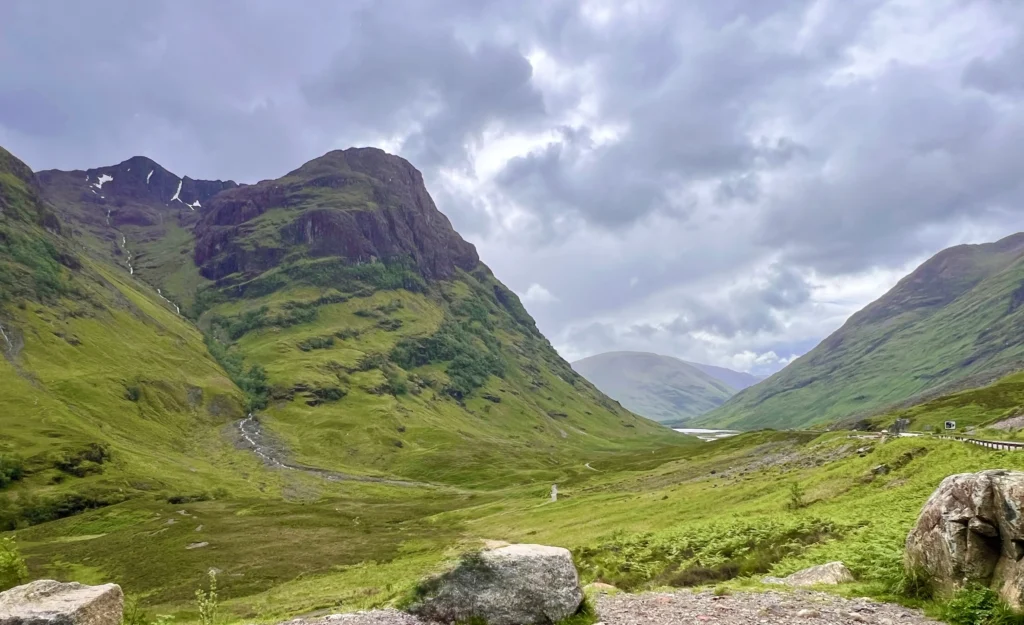 Green peaks of the Three Sisters in Glencoe in spring