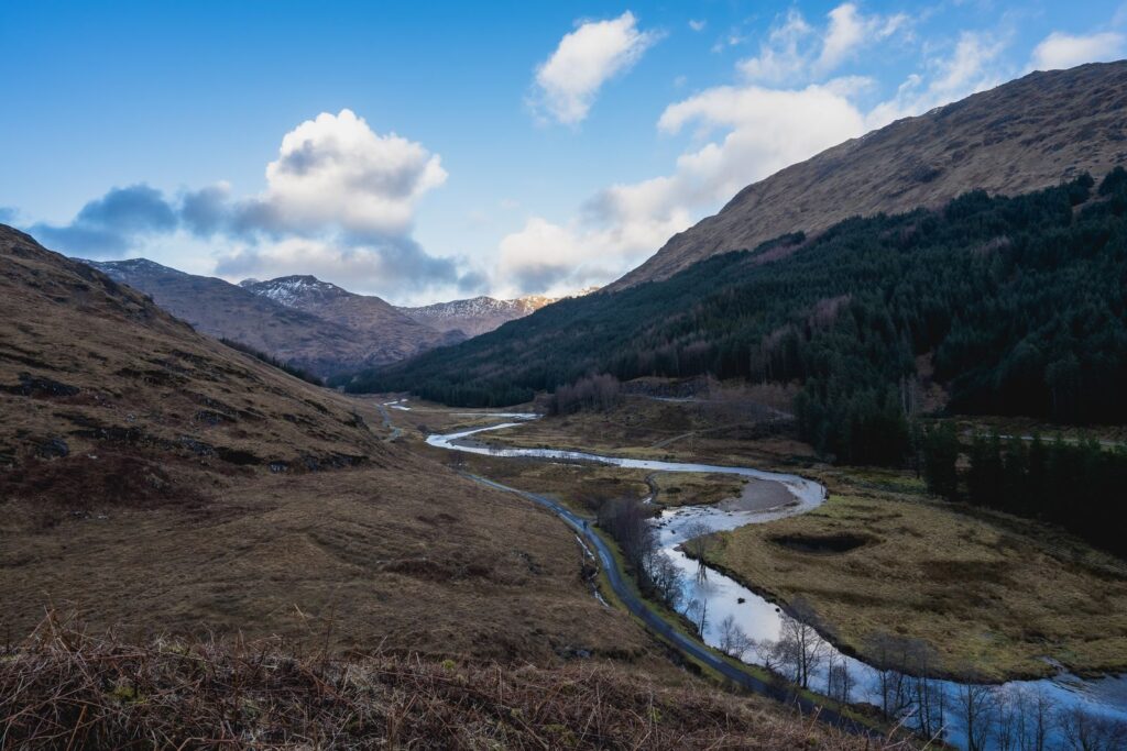The river valley at Glenfinnan winding between the Highland hills