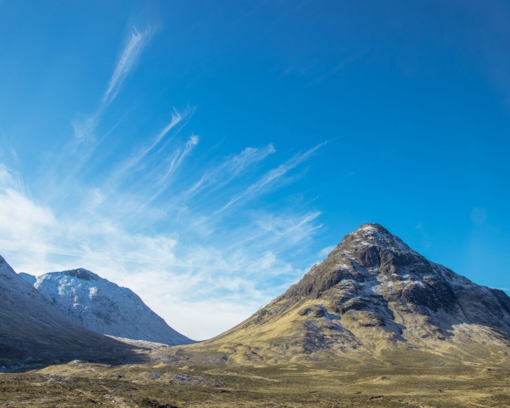 Snow-dusted Buachaille Etive Mòr at the head of Glencoe, the mountain facing the Glencoe Mountain chairlift