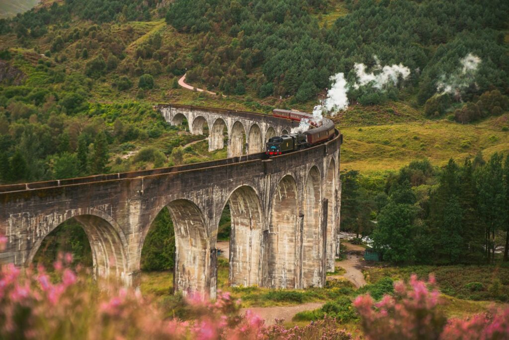 The Jacobite steam train puffing across the Glenfinnan Viaduct above summer heather