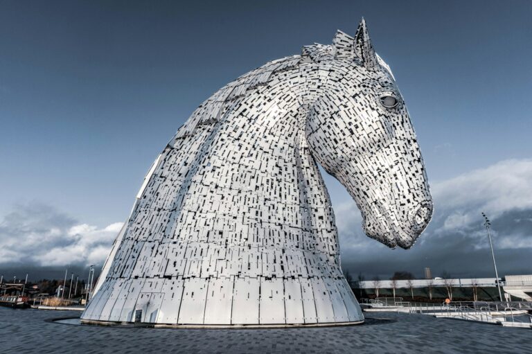 One of the Kelpies, the giant steel horse-head sculptures at Helix Park in Falkirk