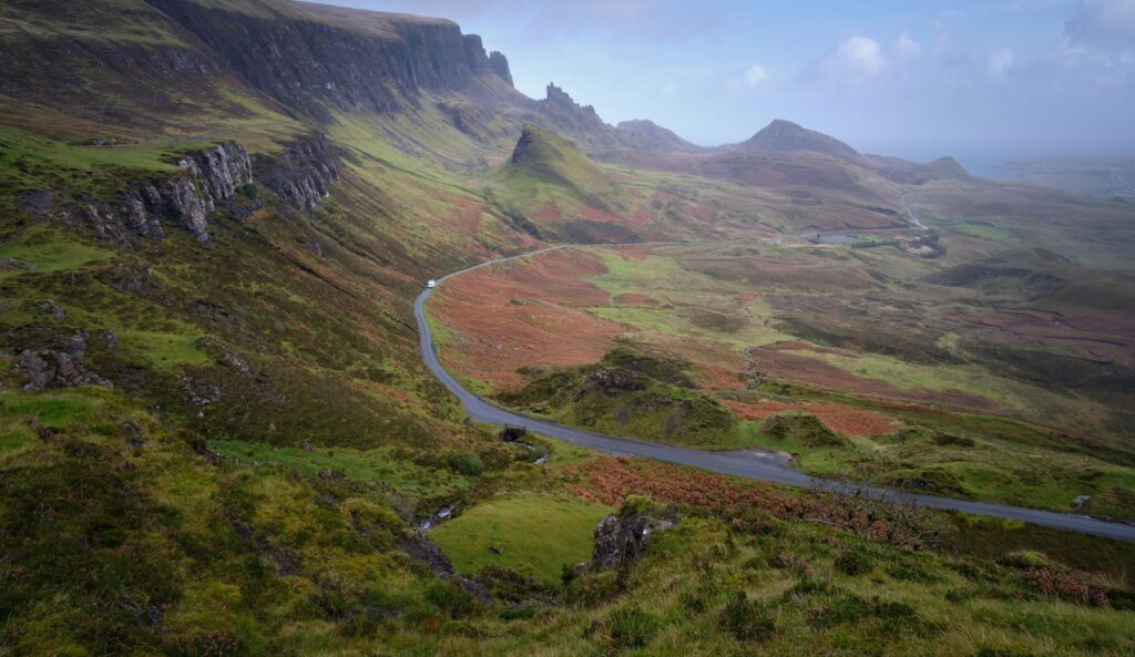 The Quiraing landslip and its winding road on the Trotternish peninsula, Isle of Skye