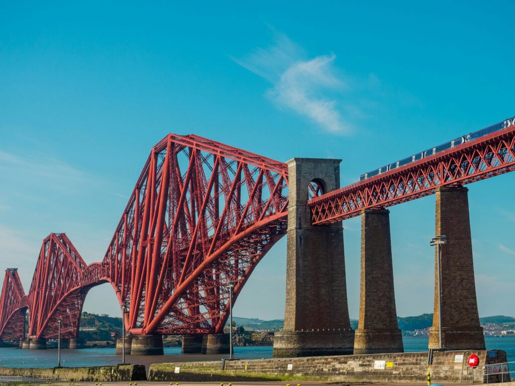 The red Forth Bridge crossing the Firth of Forth at South Queensferry near Edinburgh